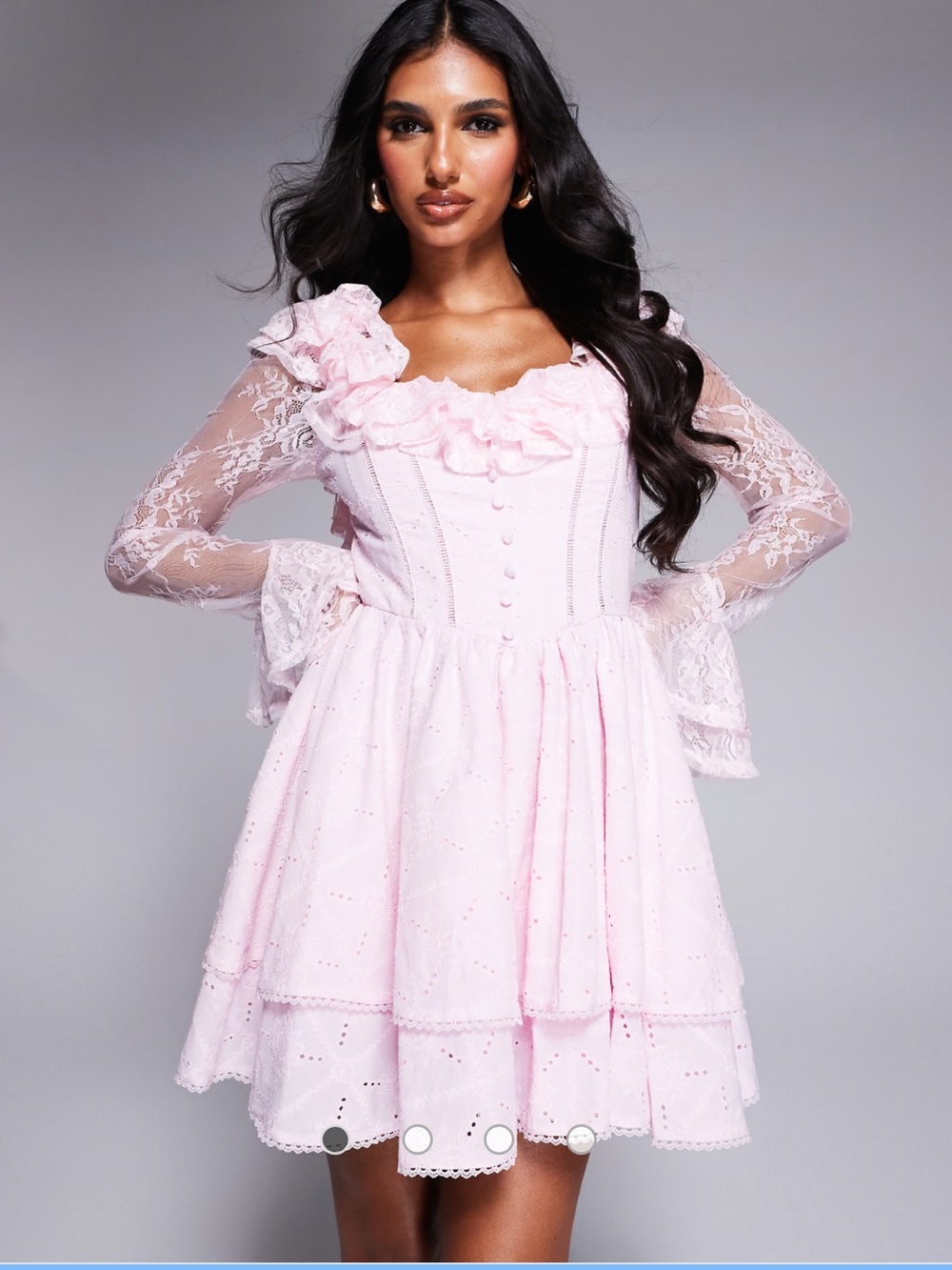 ASOS LUXE eyelet corseted lace sleeve mini skater dress in pink size 6